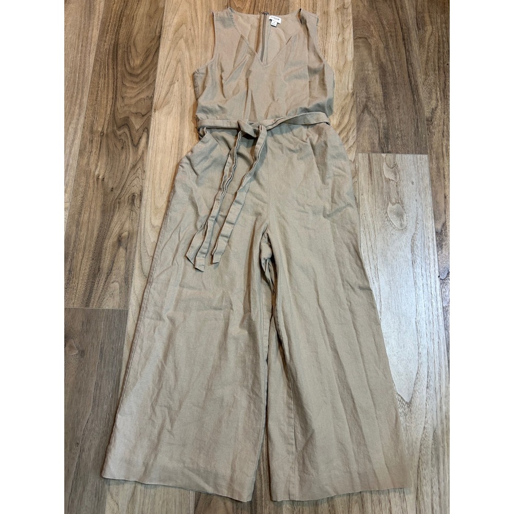 J.Crew Womens Linen Cotton Blend Wide Leg Belted V-Neck Jumpsuit Tan Size 4